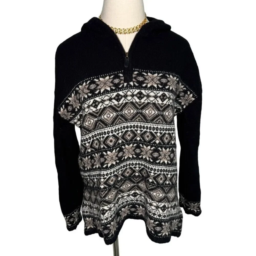 Skyr vintage 90s 100% wool fair Isle Nordic hooded 1/4 zip sweater size medium M